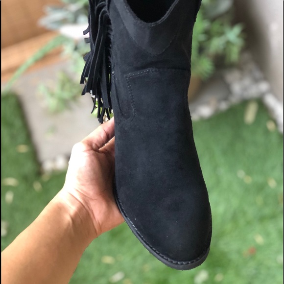 BLACK FAUX SUEDE FRINGE BOOTS - Picture 8 of 8